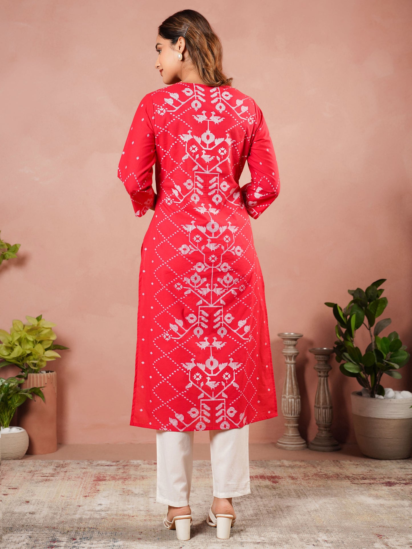 Soft Cotton Placement Print Straight Red Kurta