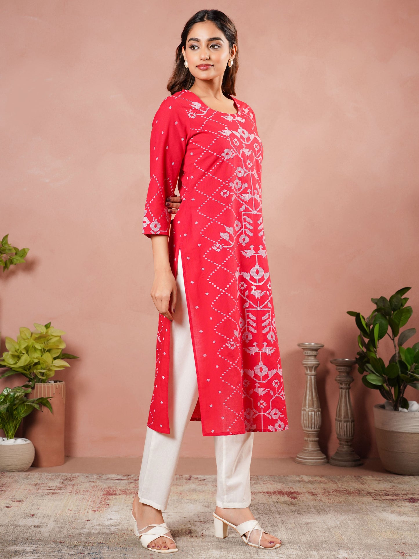 Soft Cotton Placement Print Straight Red Kurta