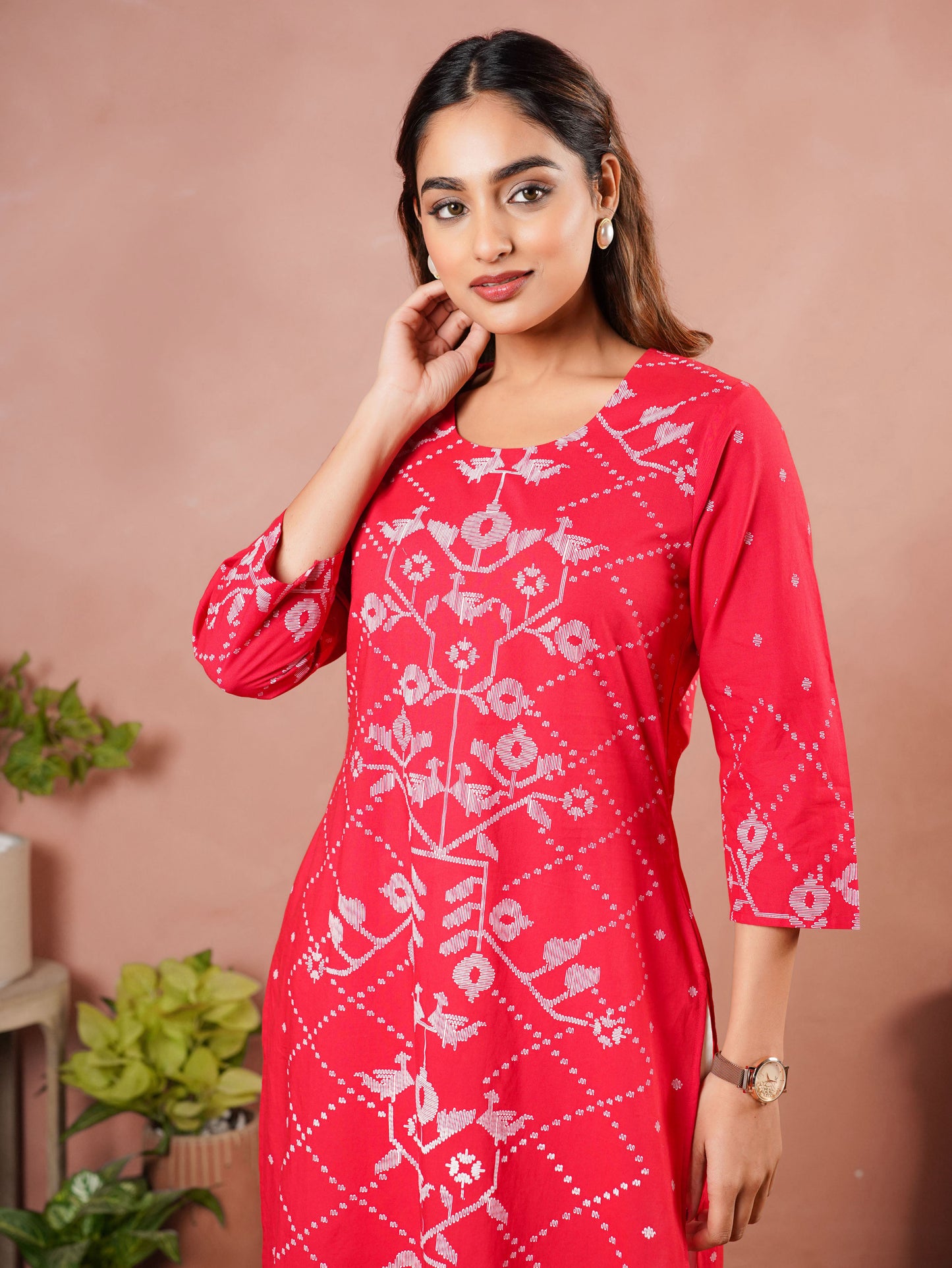 Soft Cotton Placement Print Straight Red Kurta