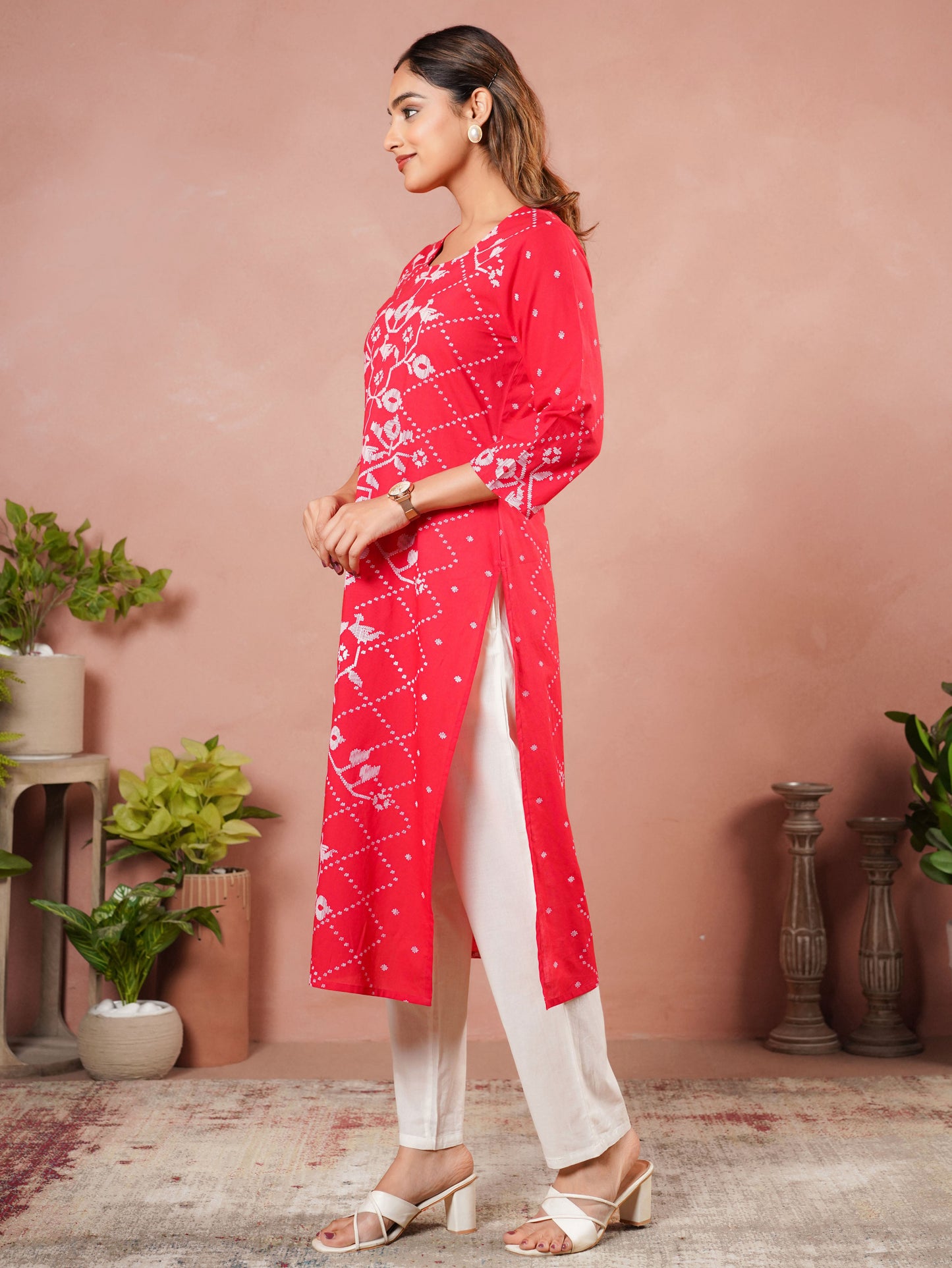 Soft Cotton Placement Print Straight Red Kurta