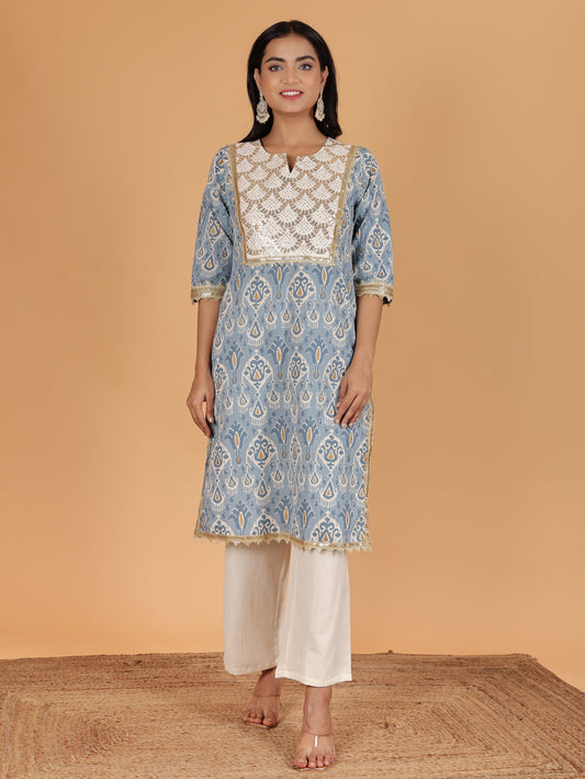 Linen Cotton Ikat Straight Blue Kurta