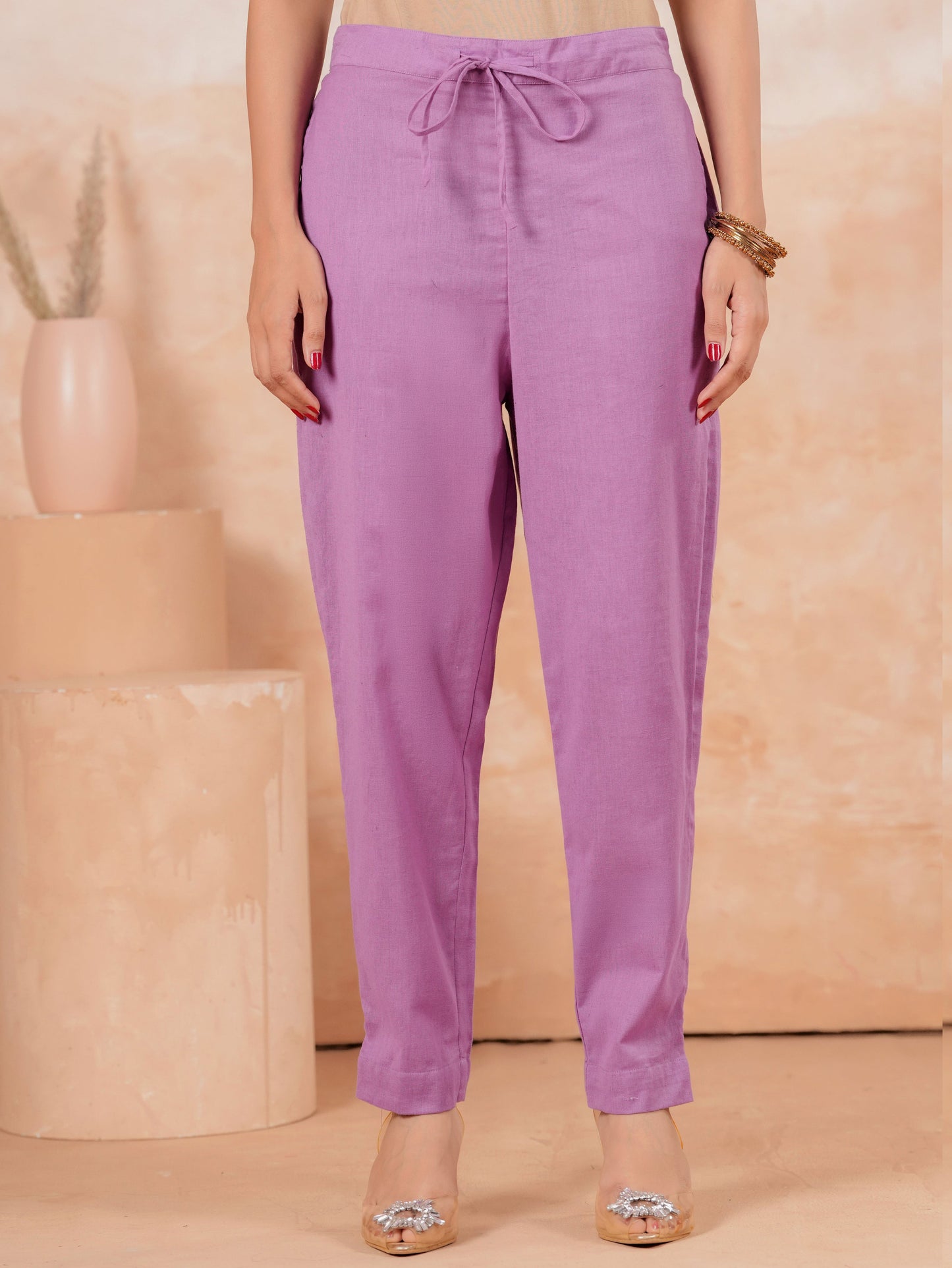 Embroidered Blended Silk Solid Straight Lavender Kurta