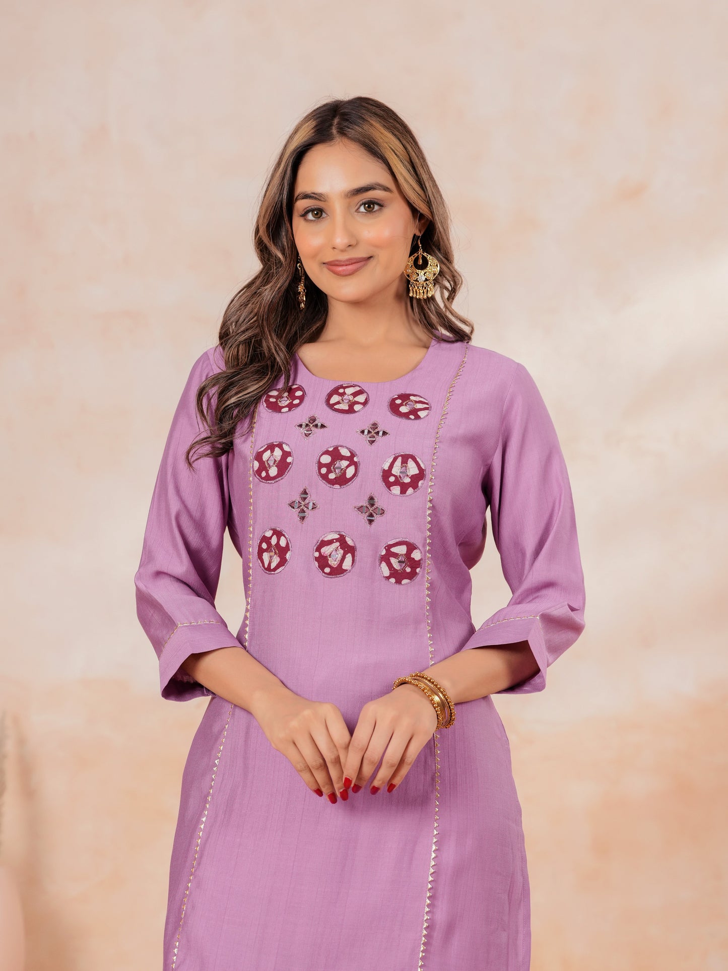 Embroidered Blended Silk Solid Straight Lavender Kurta