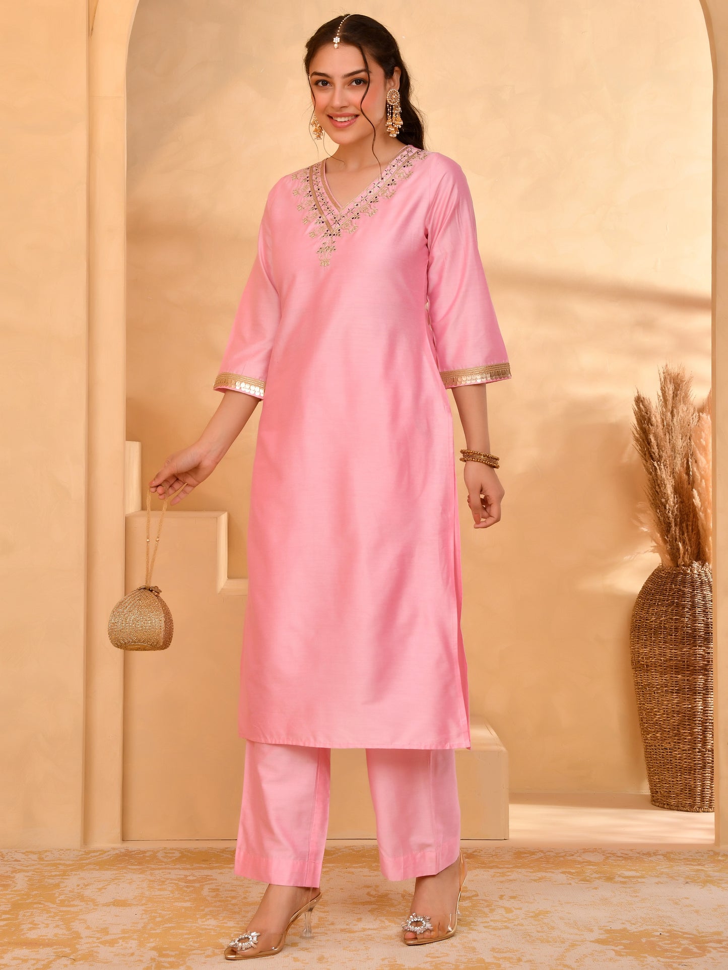 Embroidered Chanderi Solid Straight Baby Pink Kurta