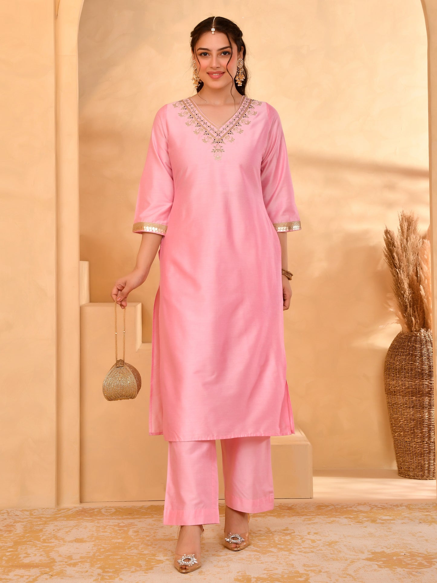 Embroidered Chanderi Solid Straight Baby Pink Kurta