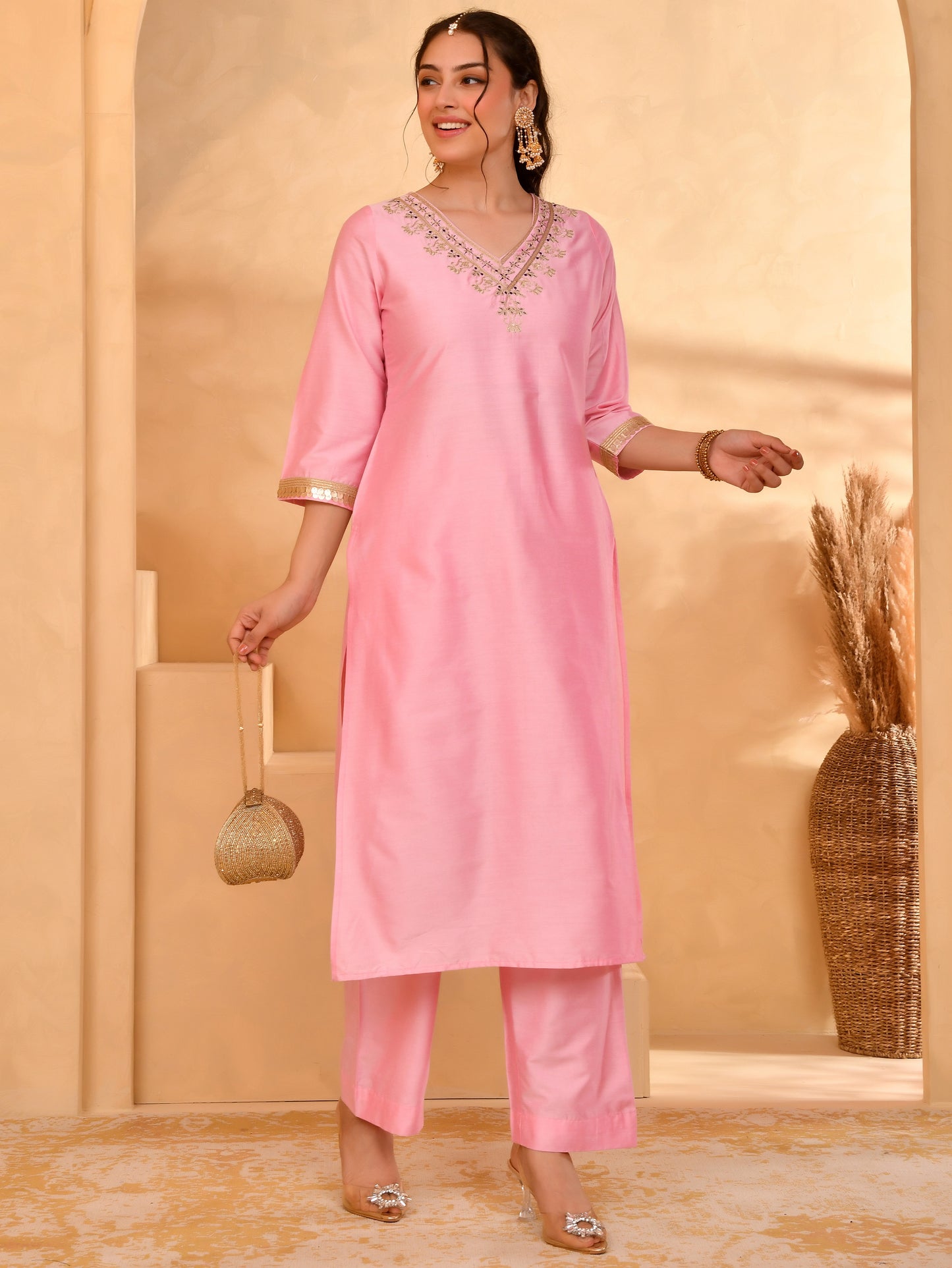 Embroidered Chanderi Solid Straight Baby Pink Kurta