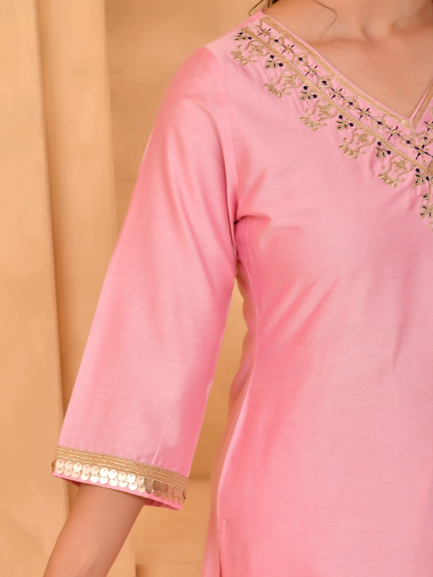 Embroidered Chanderi Solid Straight Baby Pink Kurta