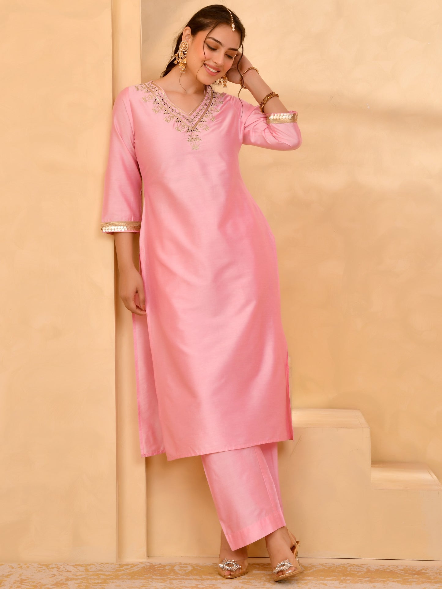 Embroidered Chanderi Solid Straight Baby Pink Kurta
