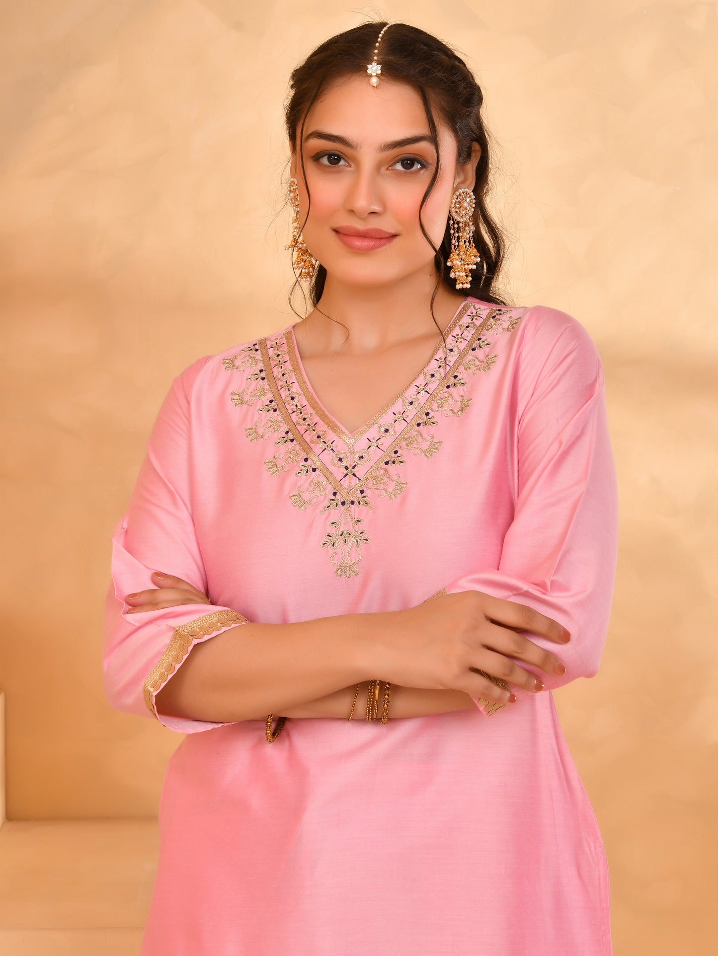 Embroidered Chanderi Solid Straight Baby Pink Kurta