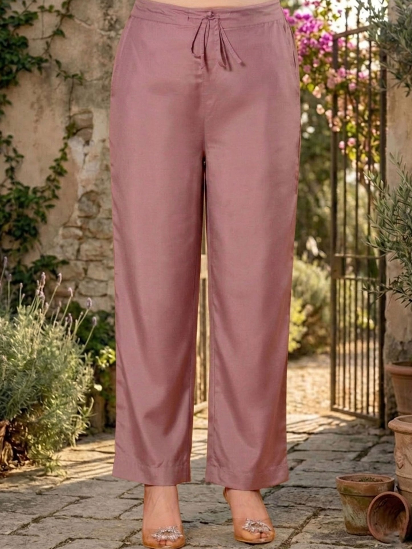 Blended Silk Solid Mauve Straight Trousers