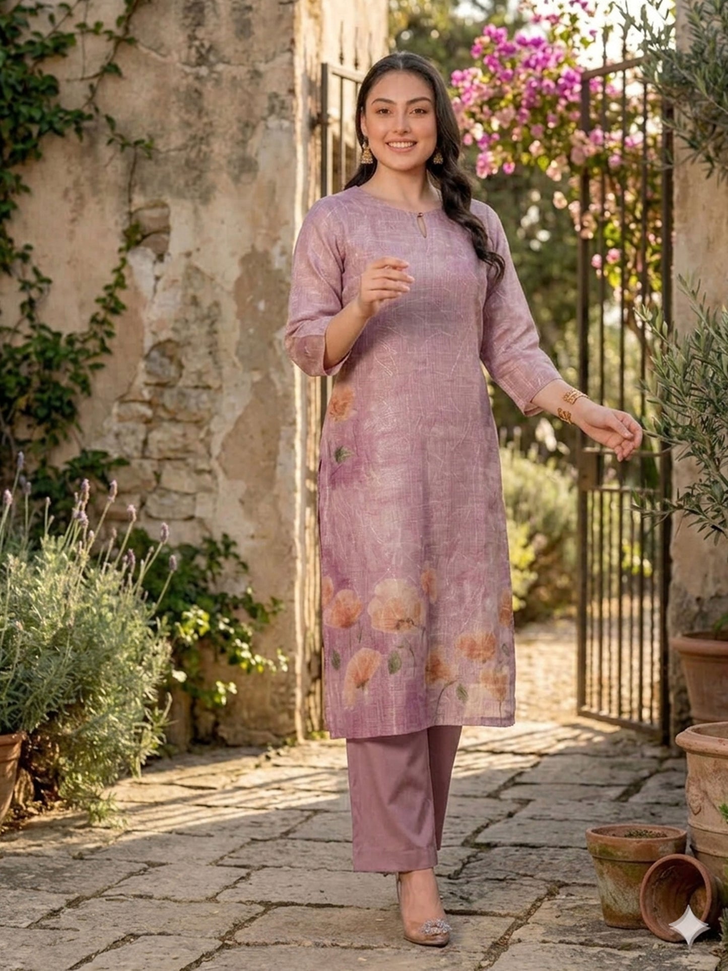 Blended Silk Placement Print Straight Mauve Kurta