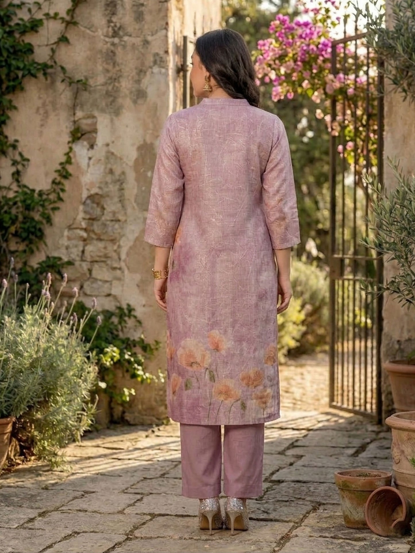 Blended Silk Placement Print Straight Mauve Kurta