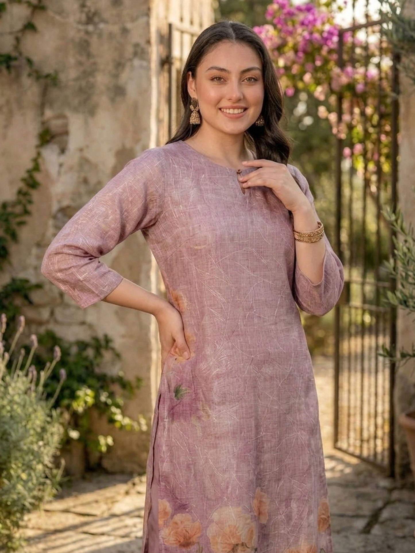Blended Silk Placement Print Straight Mauve Kurta