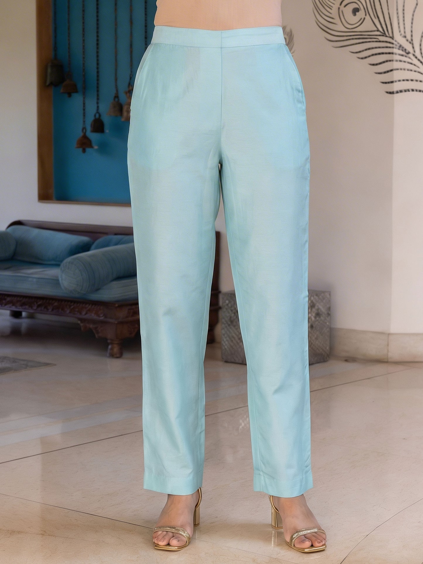 Satin Solid Turquoise Straight Trousers