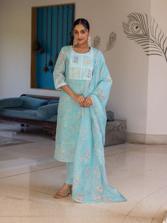 Chanderi Floral Turquoise Dupatta