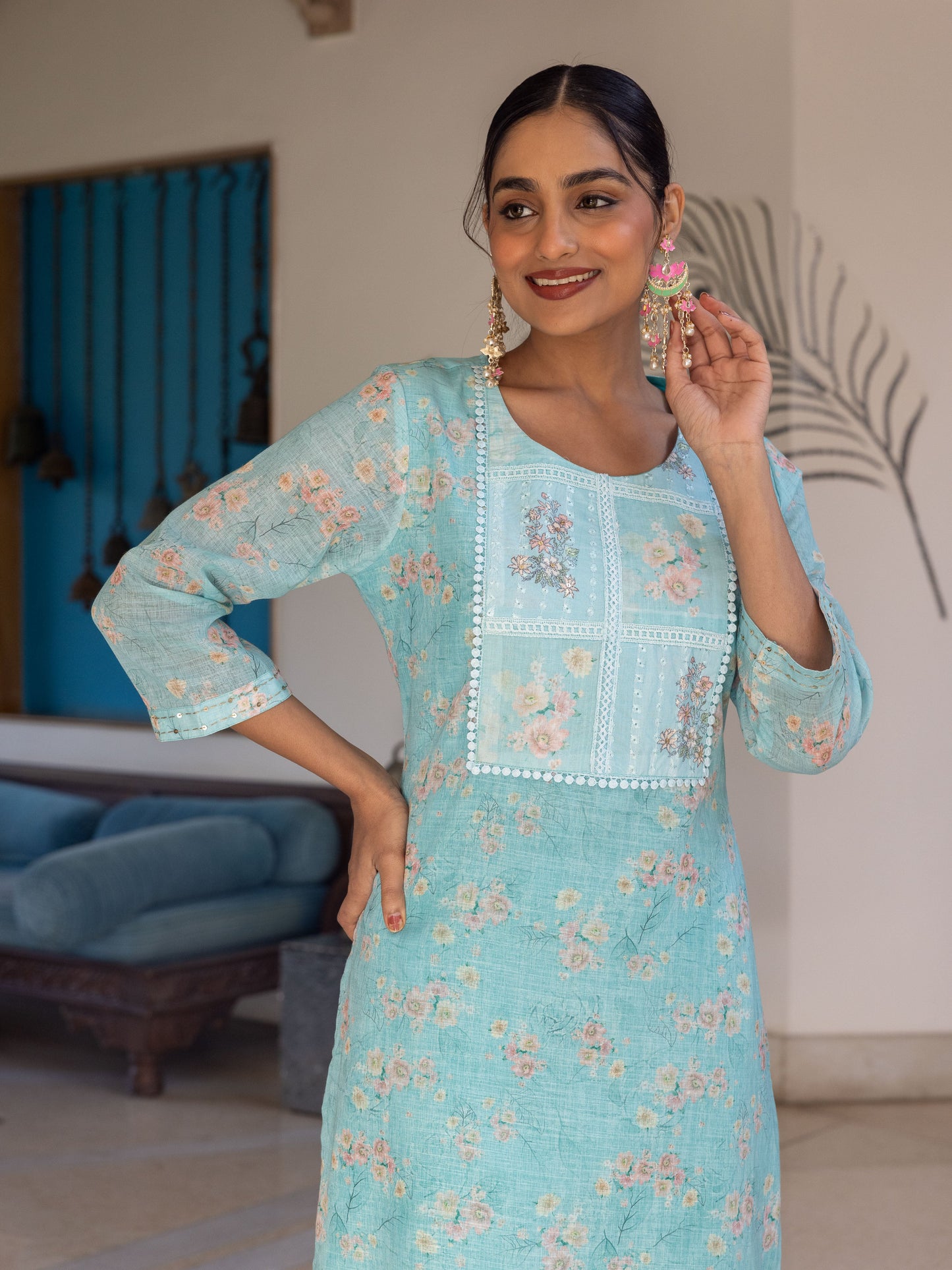 Chanderi Floral Straight Turquoise Kurta