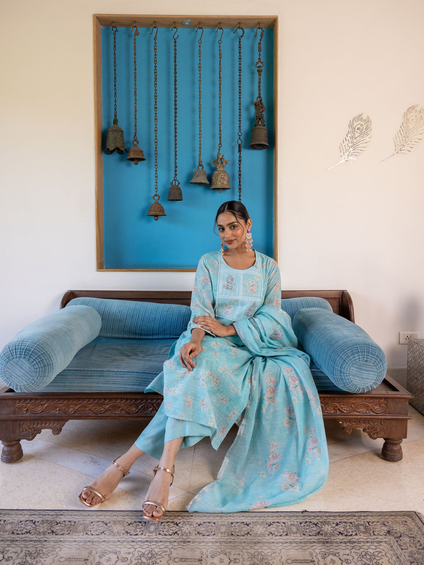 Chanderi Floral Straight Turquoise Kurta