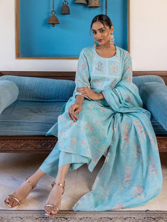 Chanderi Floral Turquoise Dupatta