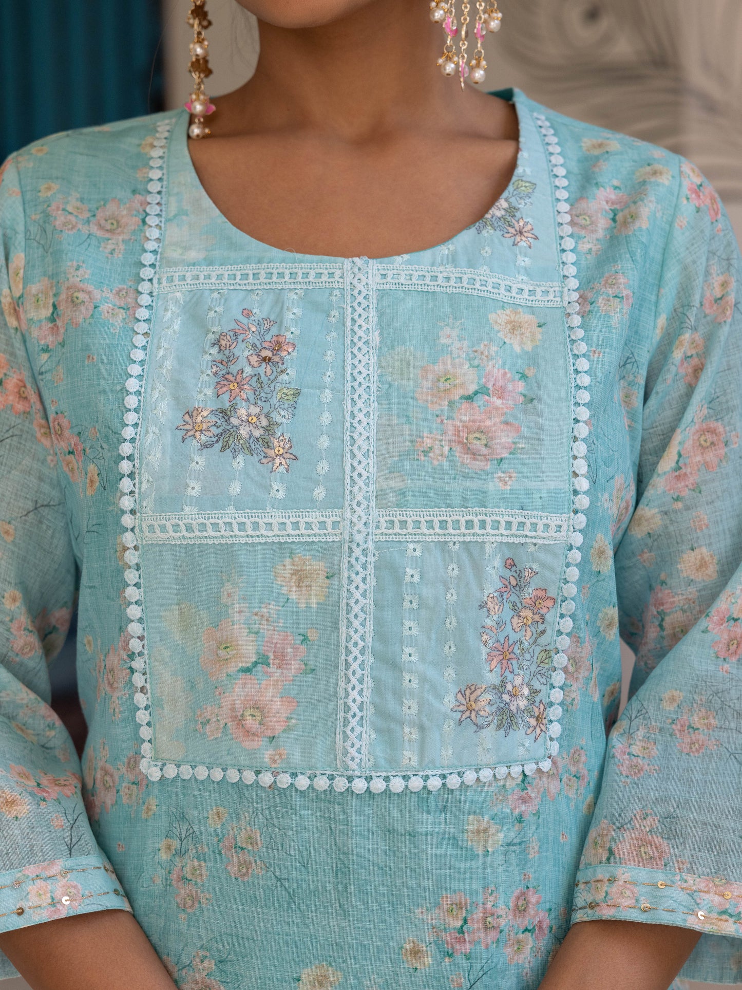 Chanderi Floral Straight Turquoise Kurta
