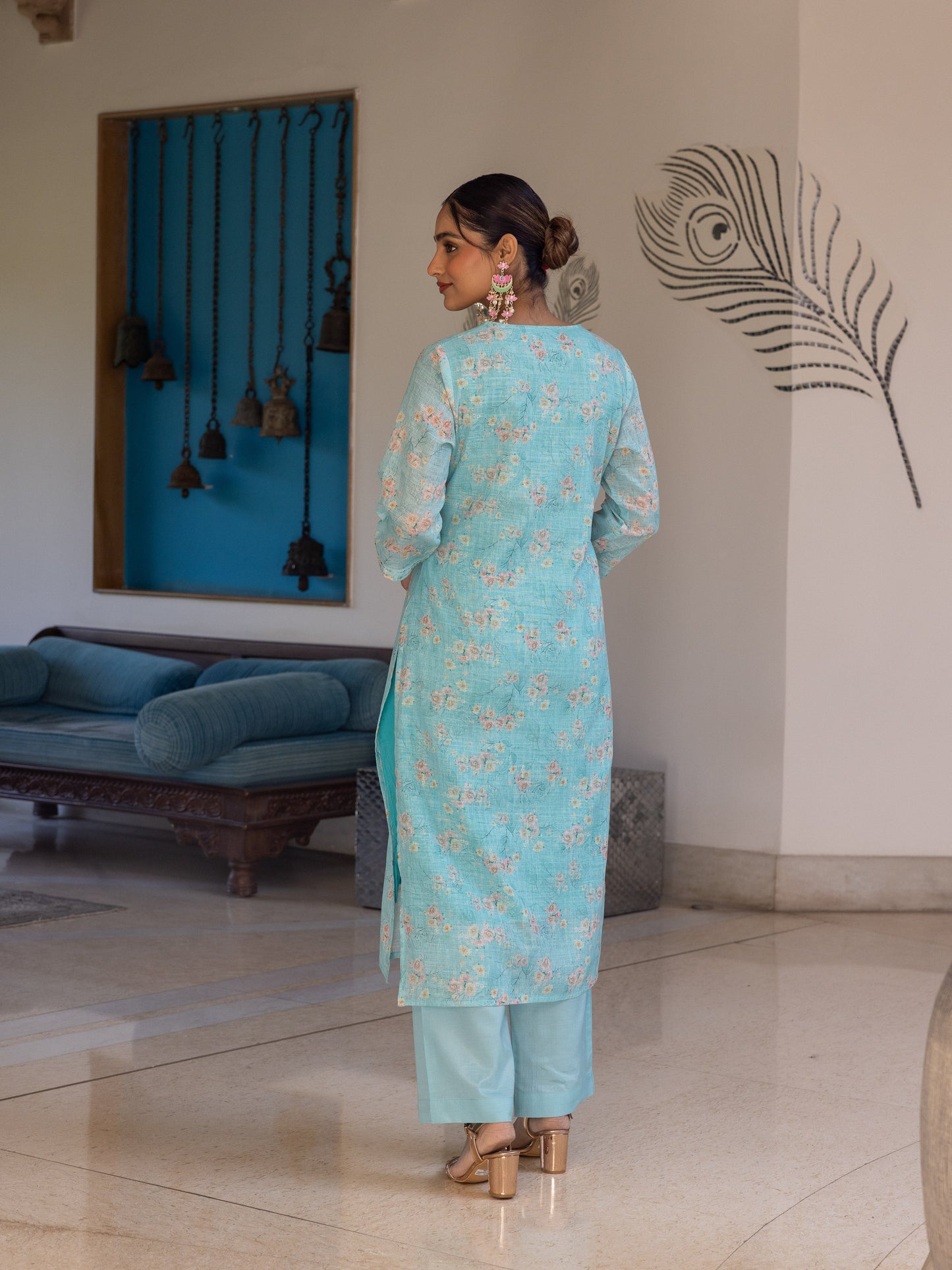 Chanderi Floral Straight Turquoise Kurta