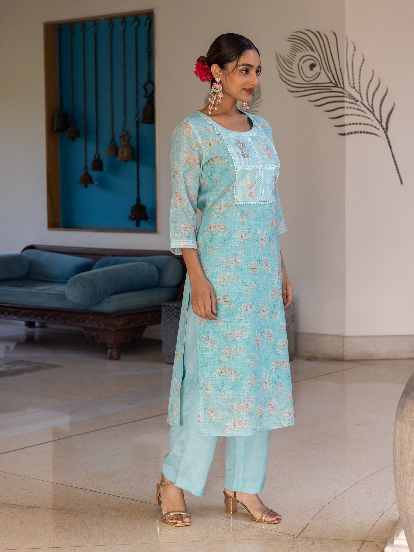 Chanderi Floral Straight Turquoise Kurta