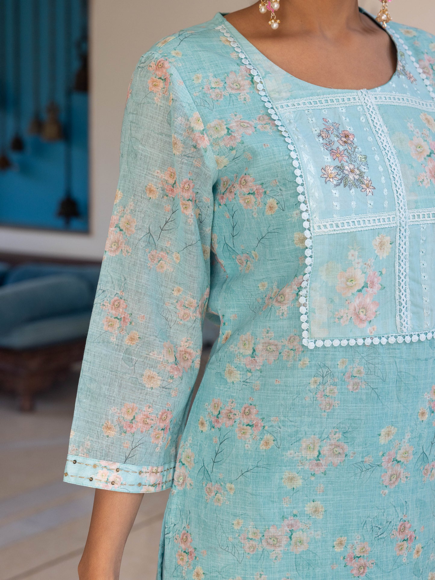 Chanderi Floral Straight Turquoise Kurta