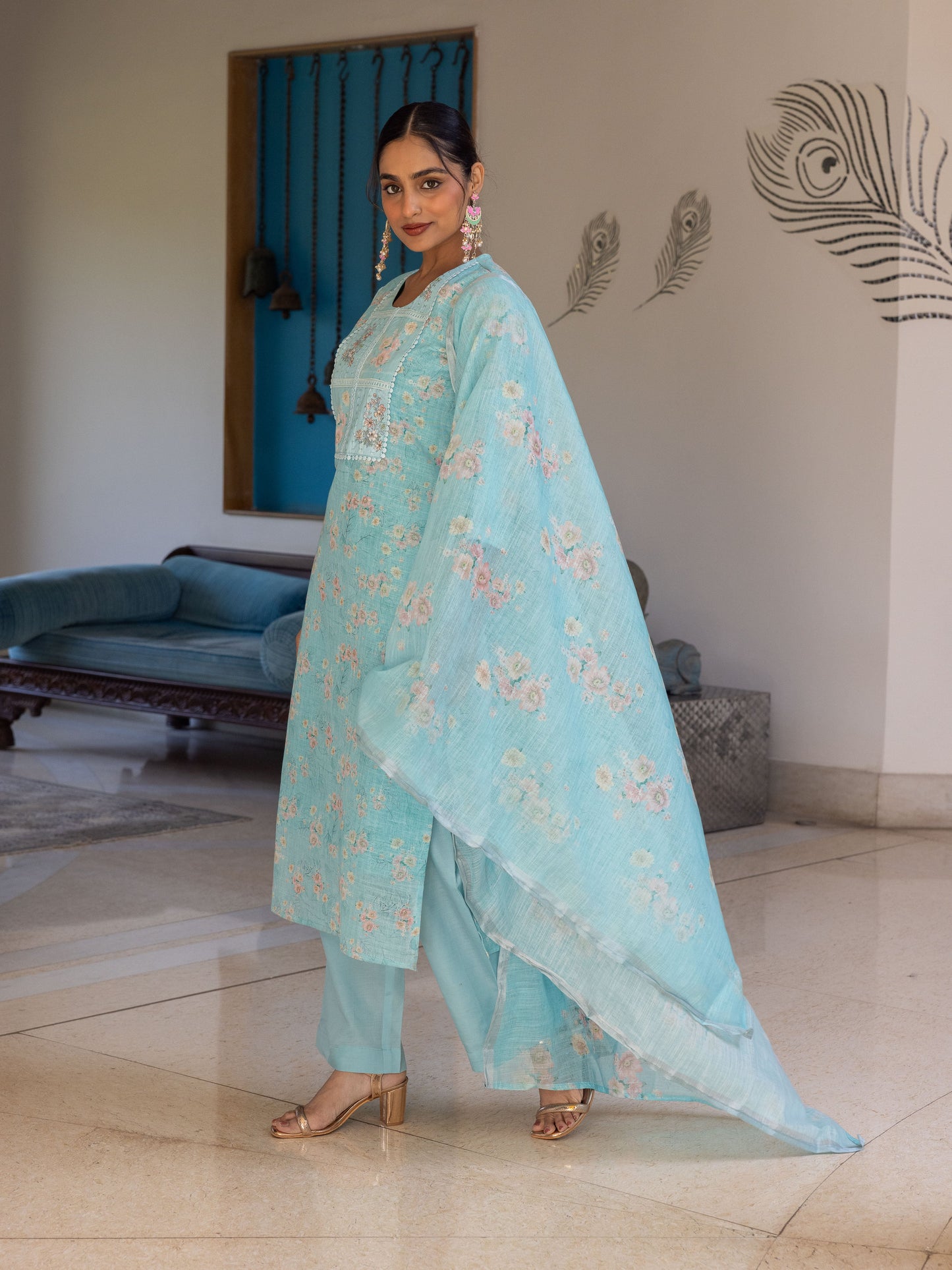 Chanderi Floral Straight Turquoise Kurta