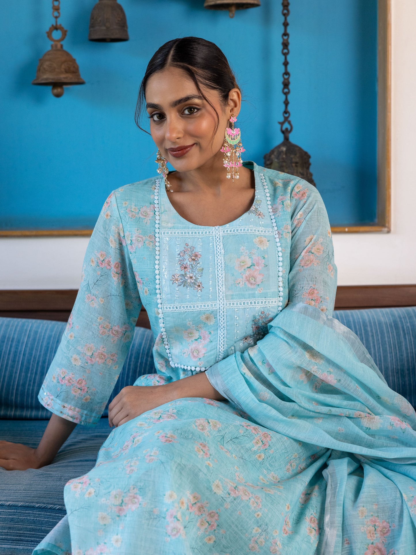 Chanderi Floral Straight Turquoise Kurta