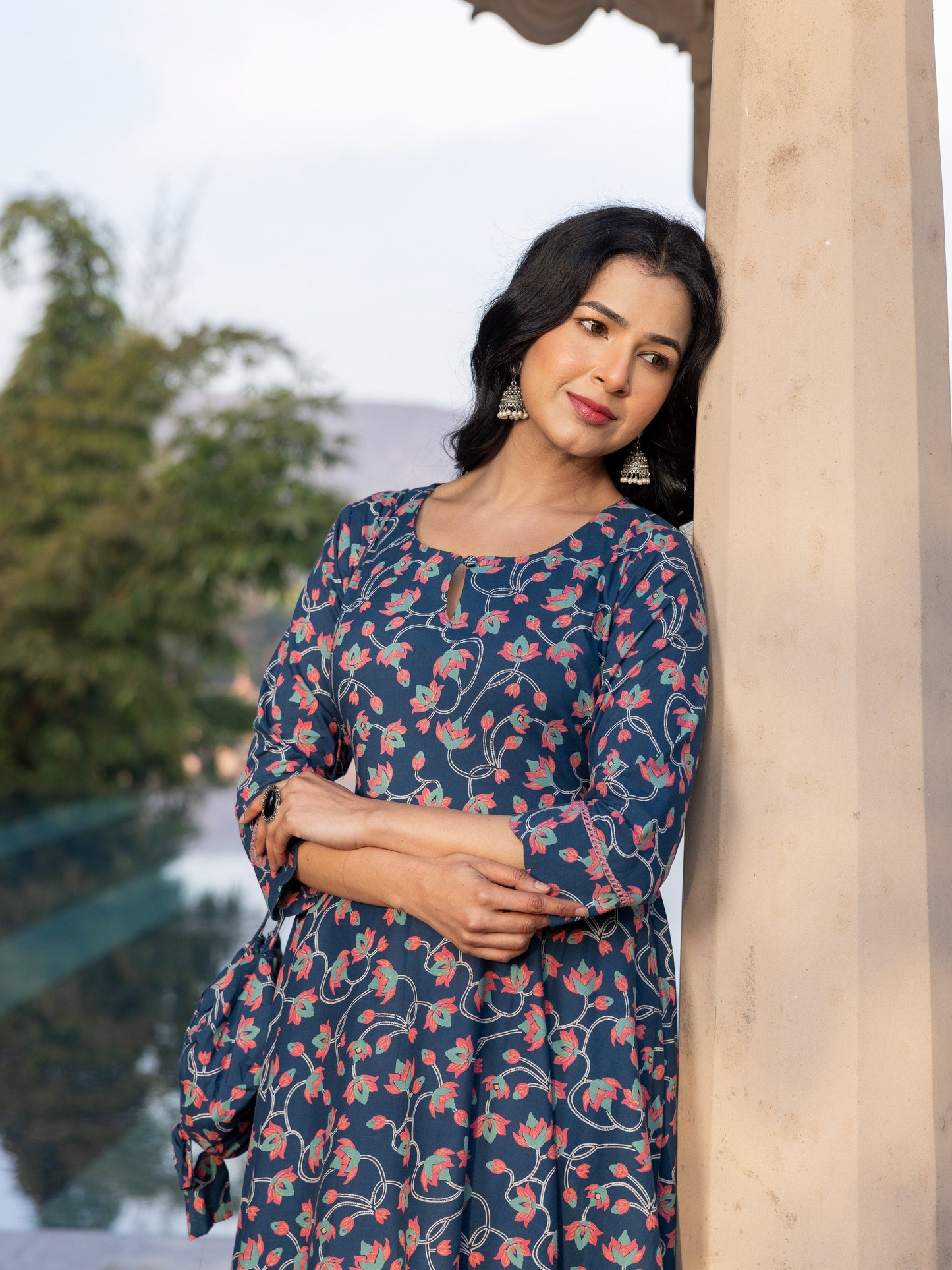 Soft Cotton Floral Anarkali Blue Dress (With Bag)