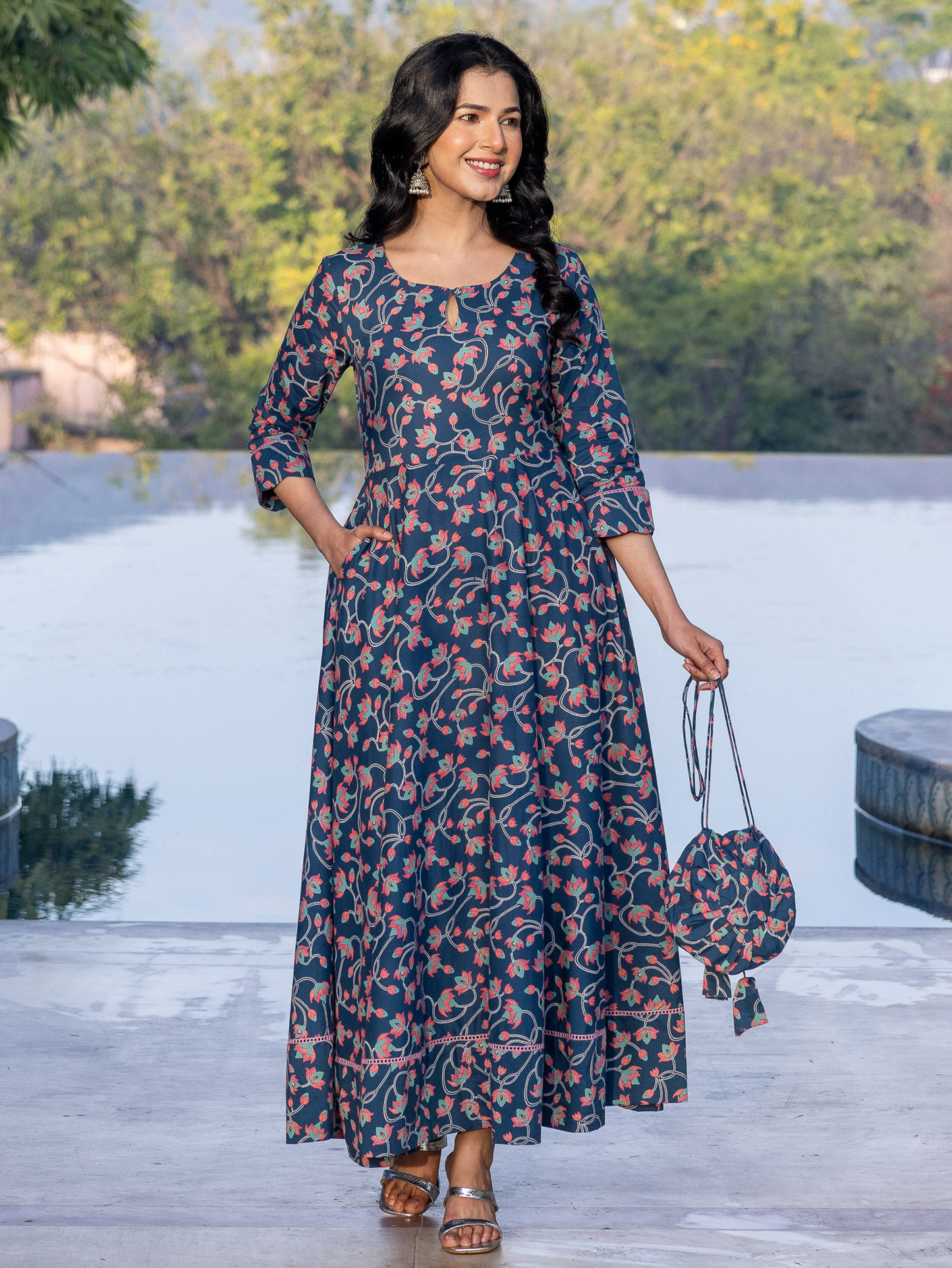 Soft Cotton Floral Anarkali Blue Dress (With Bag)