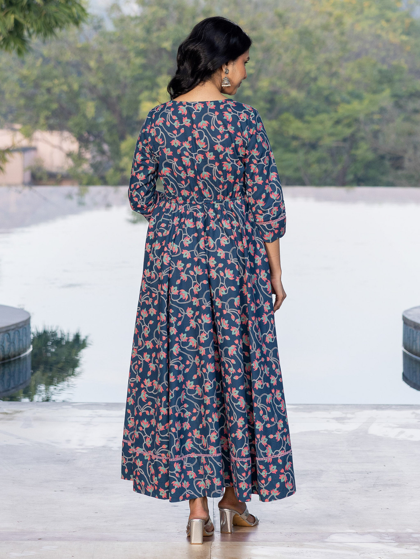 Soft Cotton Floral Anarkali Blue Dress (With Bag)