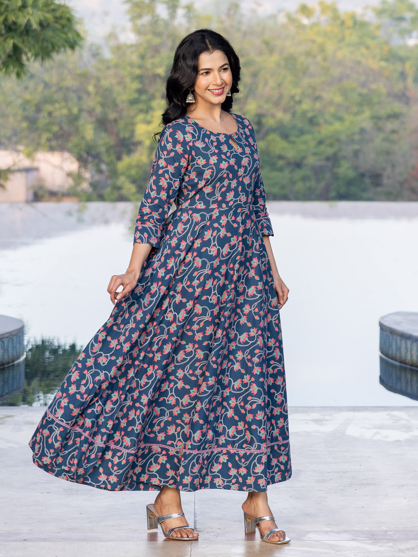 Soft Cotton Floral Anarkali Blue Dress (With Bag)