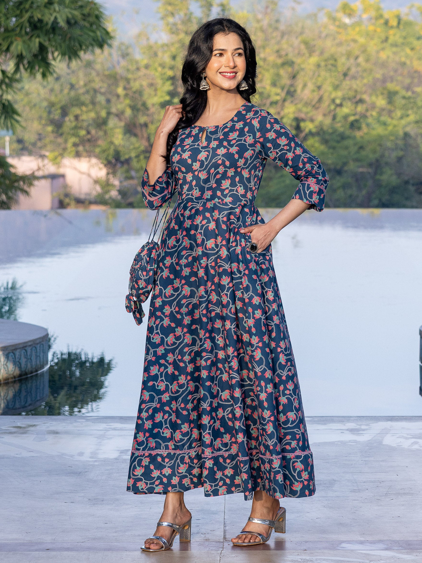 Soft Cotton Floral Anarkali Blue Dress (With Bag)