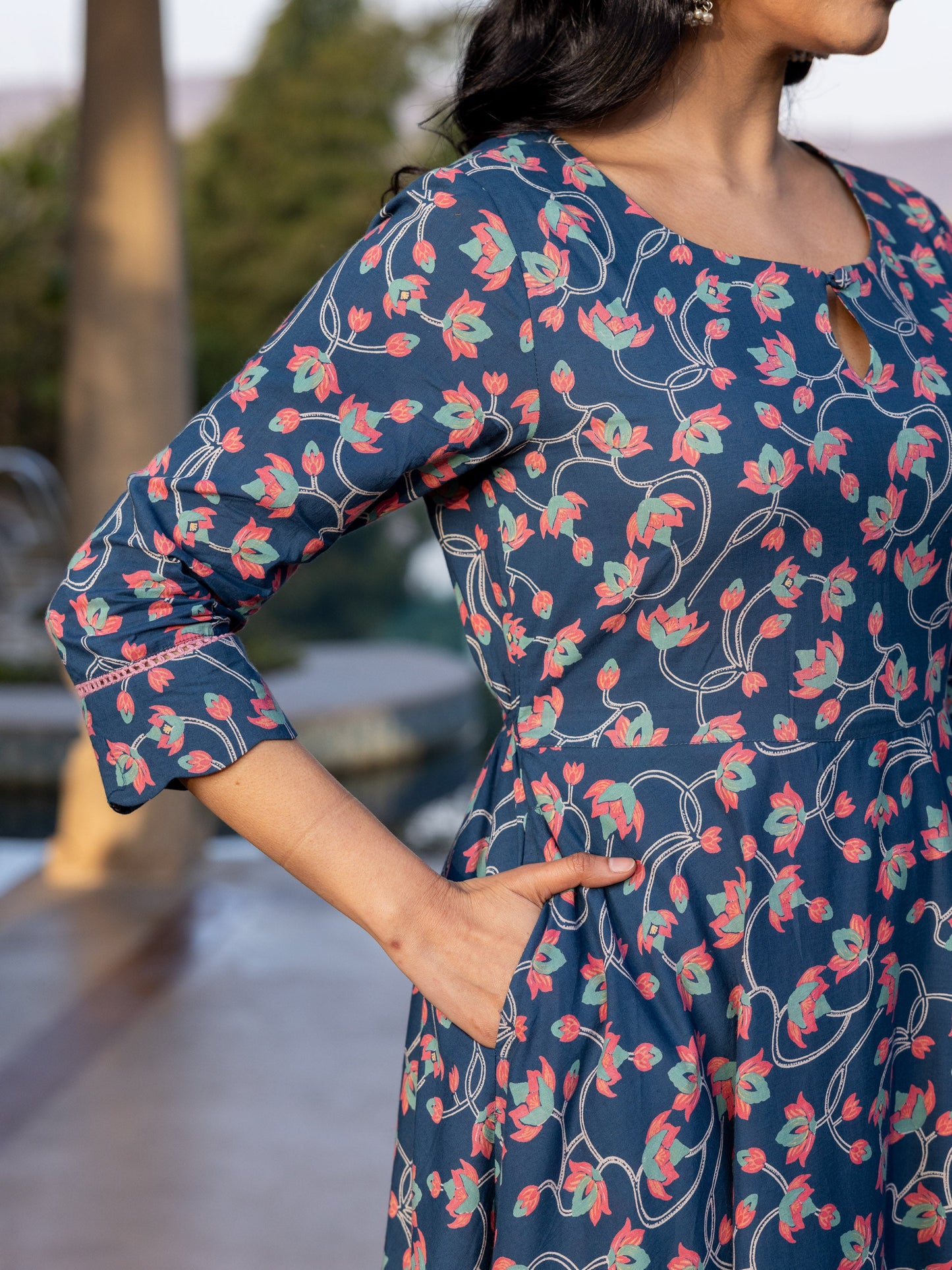 Soft Cotton Floral Anarkali Blue Dress (With Bag)