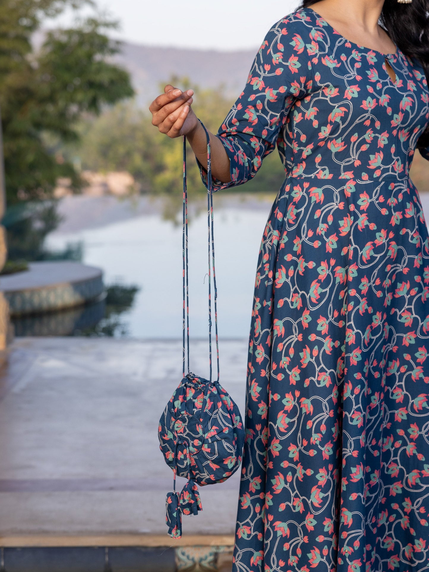 Soft Cotton Floral Anarkali Blue Dress (With Bag)