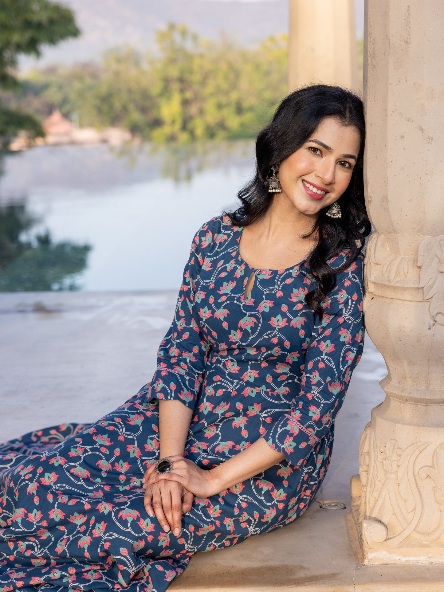 Soft Cotton Floral Anarkali Blue Dress (With Bag)