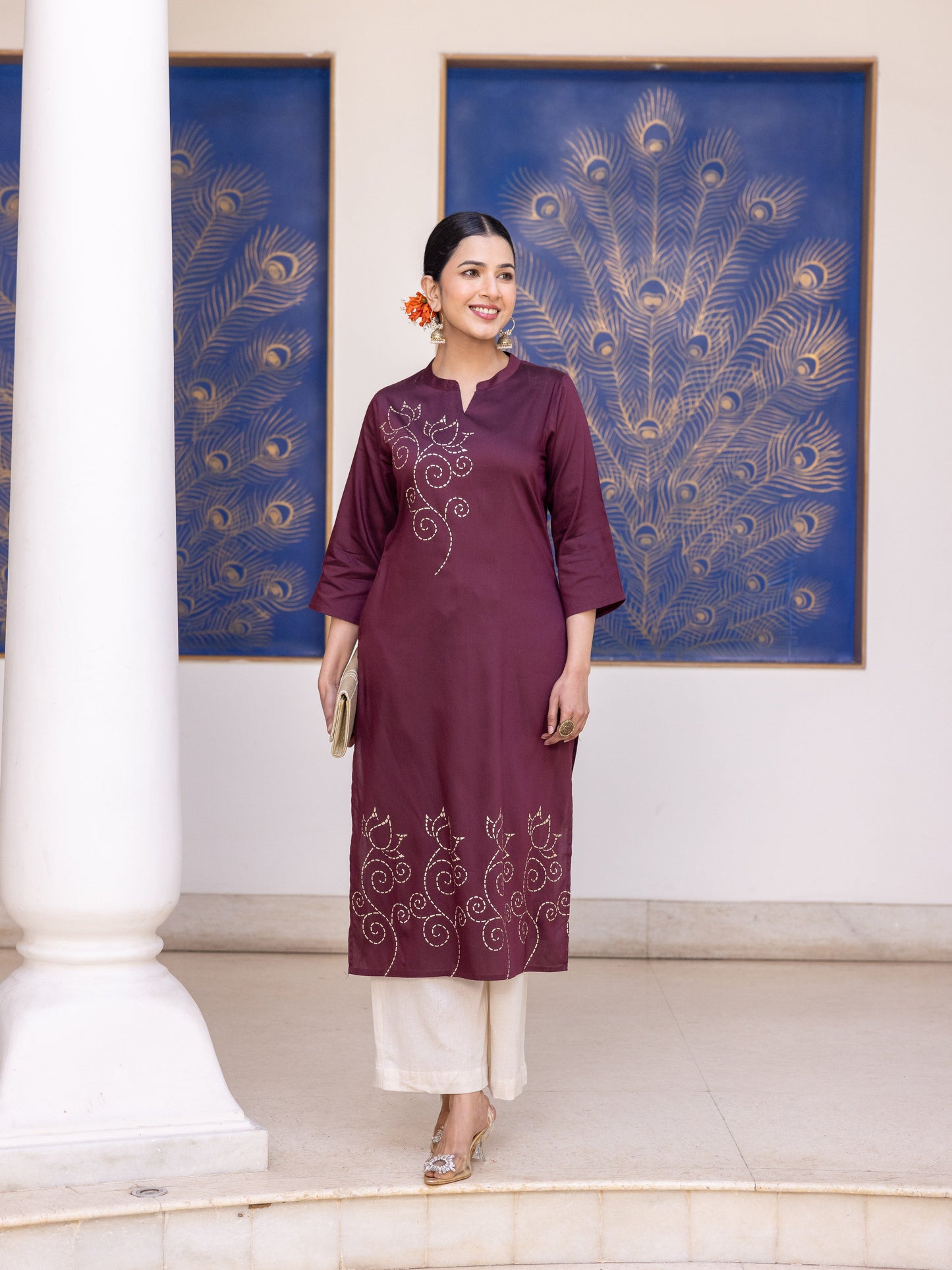 Blended Silk Placement Print Straight Wine Kurta