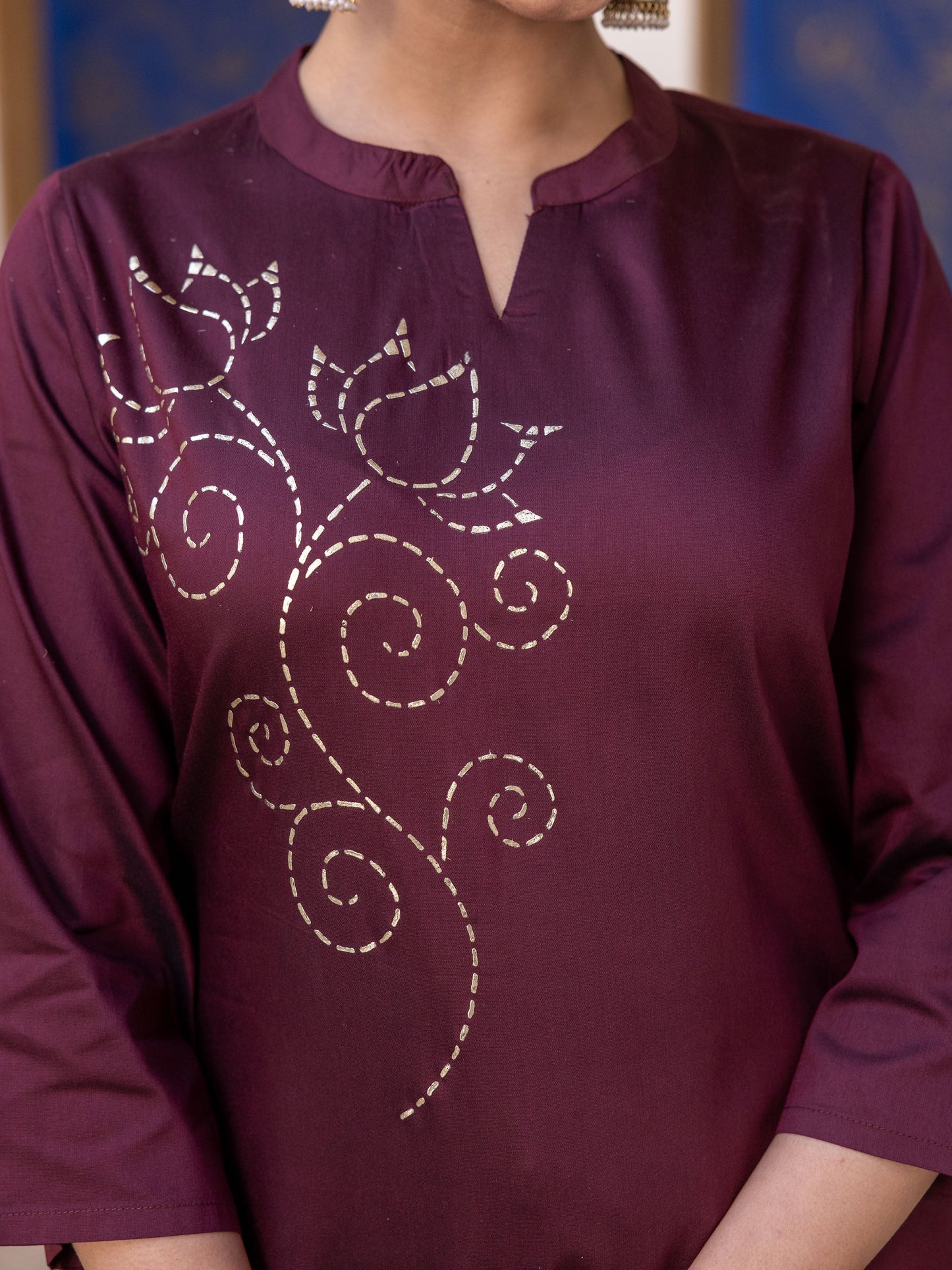 Blended Silk Placement Print Straight Wine Kurta