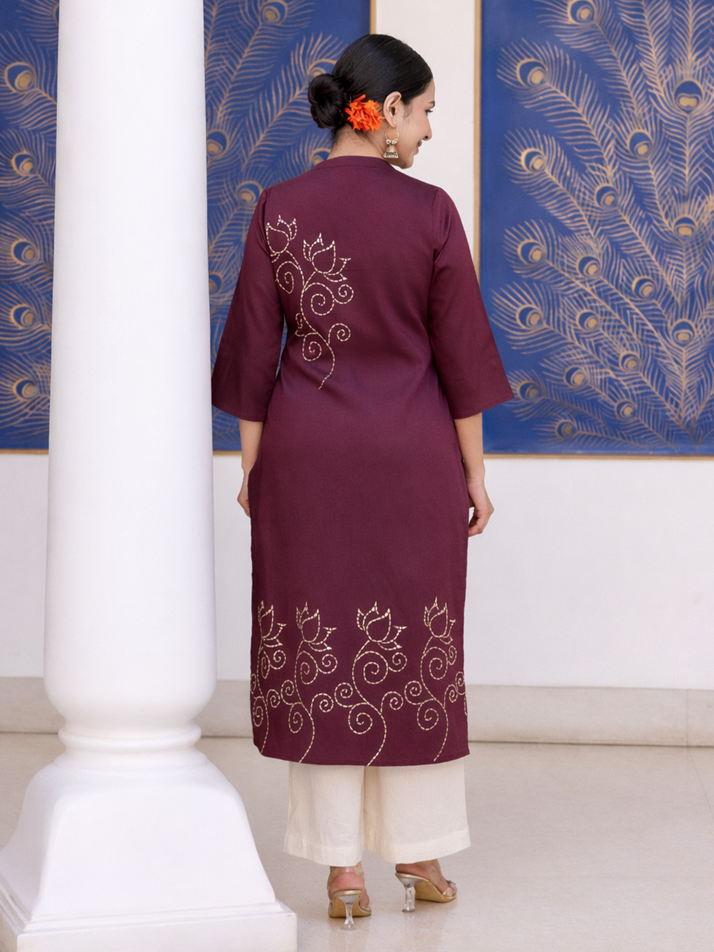 Blended Silk Placement Print Straight Wine Kurta