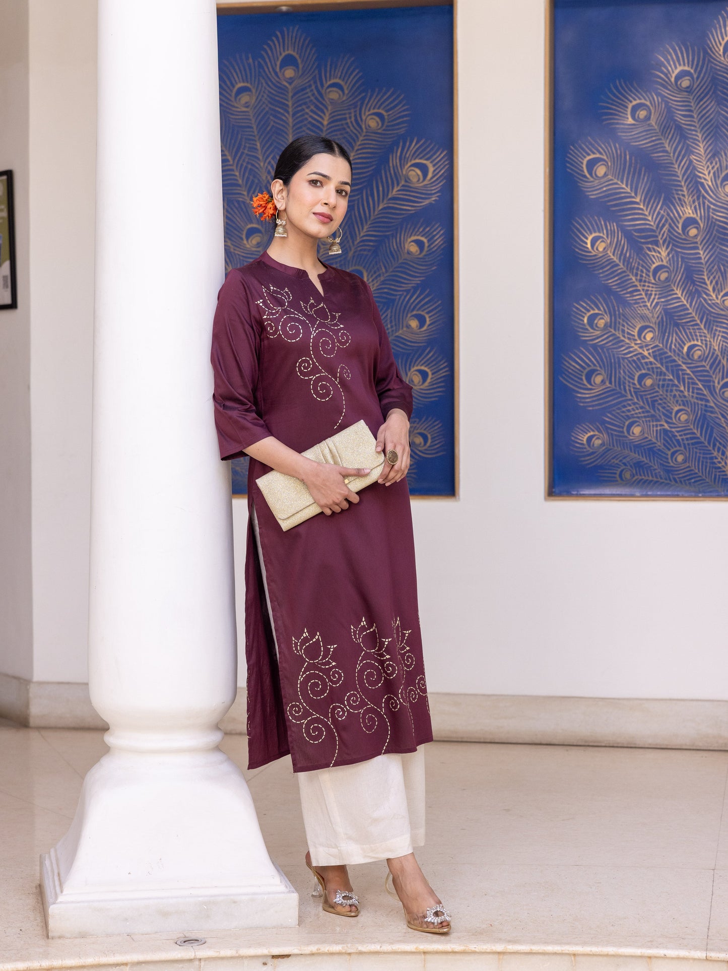 Blended Silk Placement Print Straight Wine Kurta