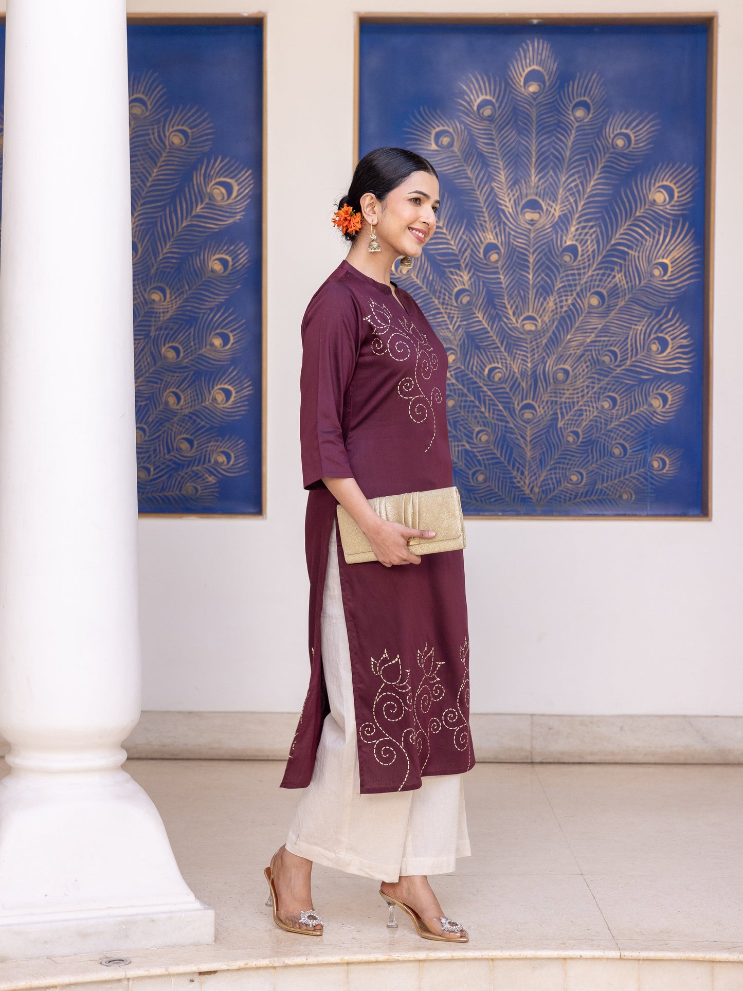 Blended Silk Placement Print Straight Wine Kurta