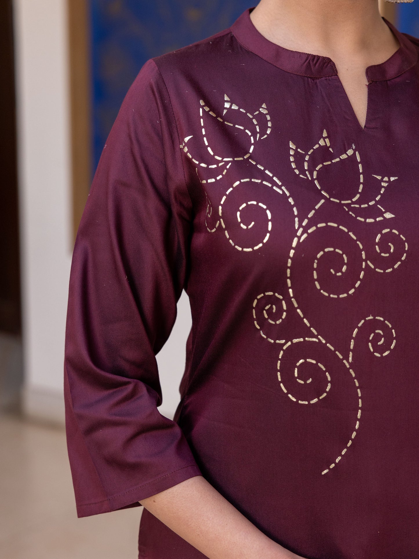 Blended Silk Placement Print Straight Wine Kurta