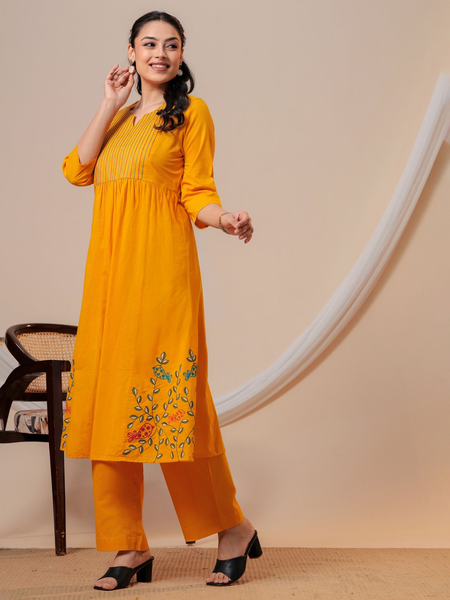 Embroidered Soft cotton Solid Flared Yellow Kurta