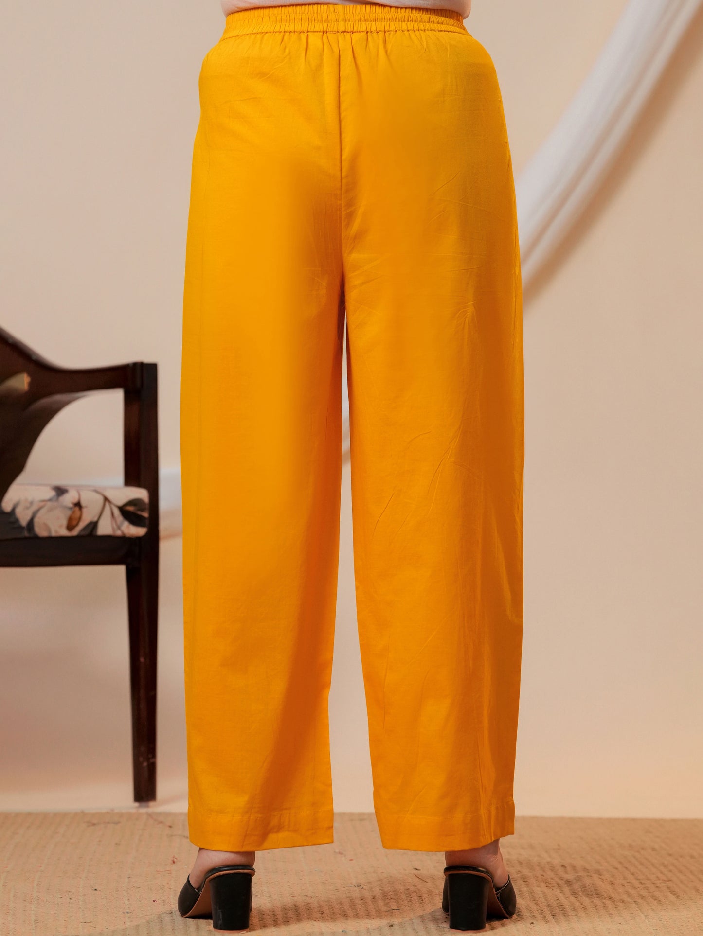 Embroidered Soft cotton Solid Flared Yellow Kurta