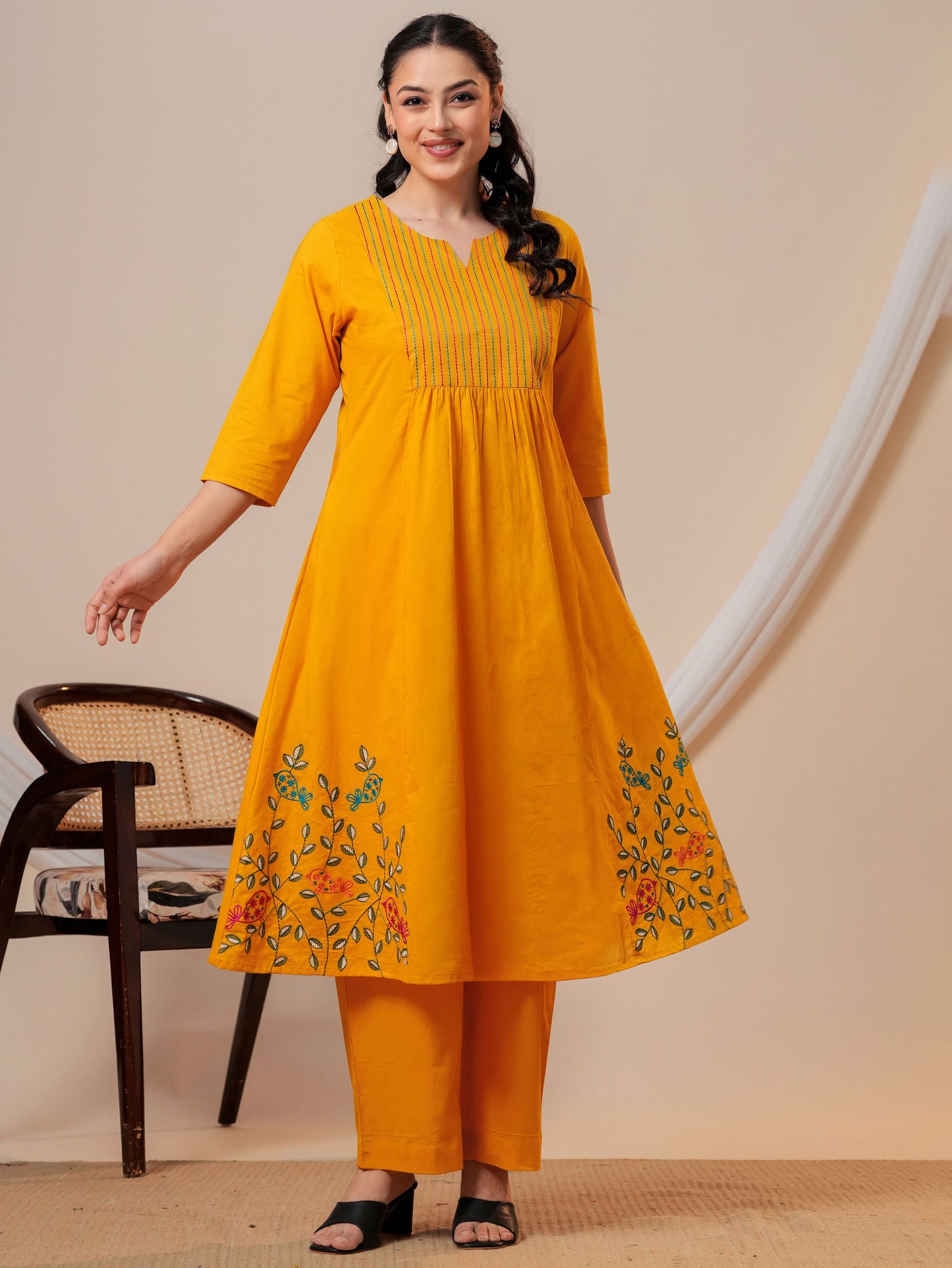 Embroidered Soft cotton Solid Flared Yellow Kurta