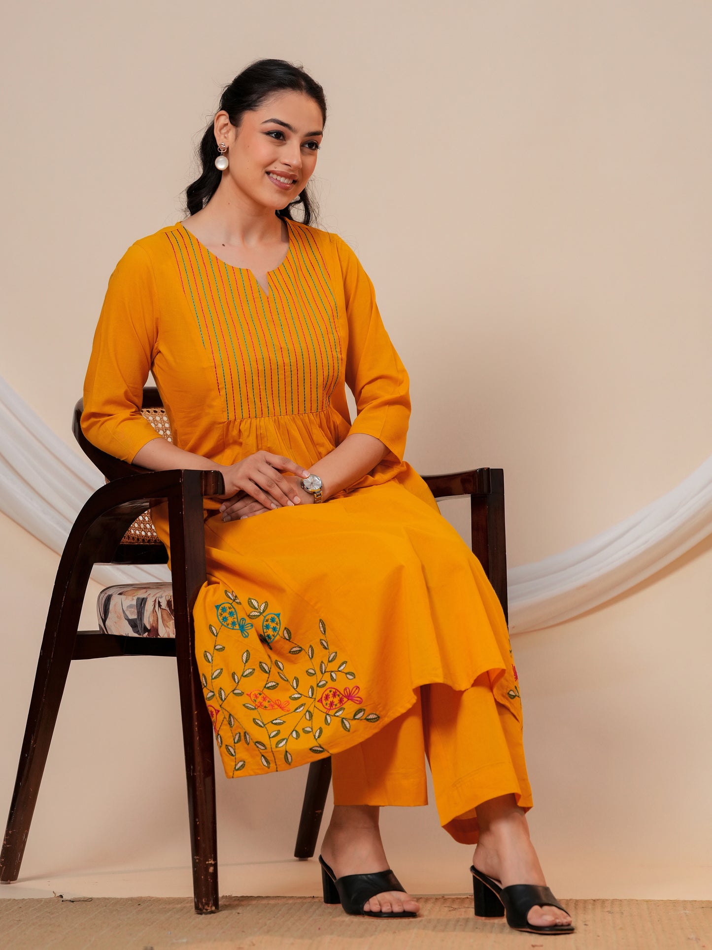 Embroidered Soft cotton Solid Flared Yellow Kurta