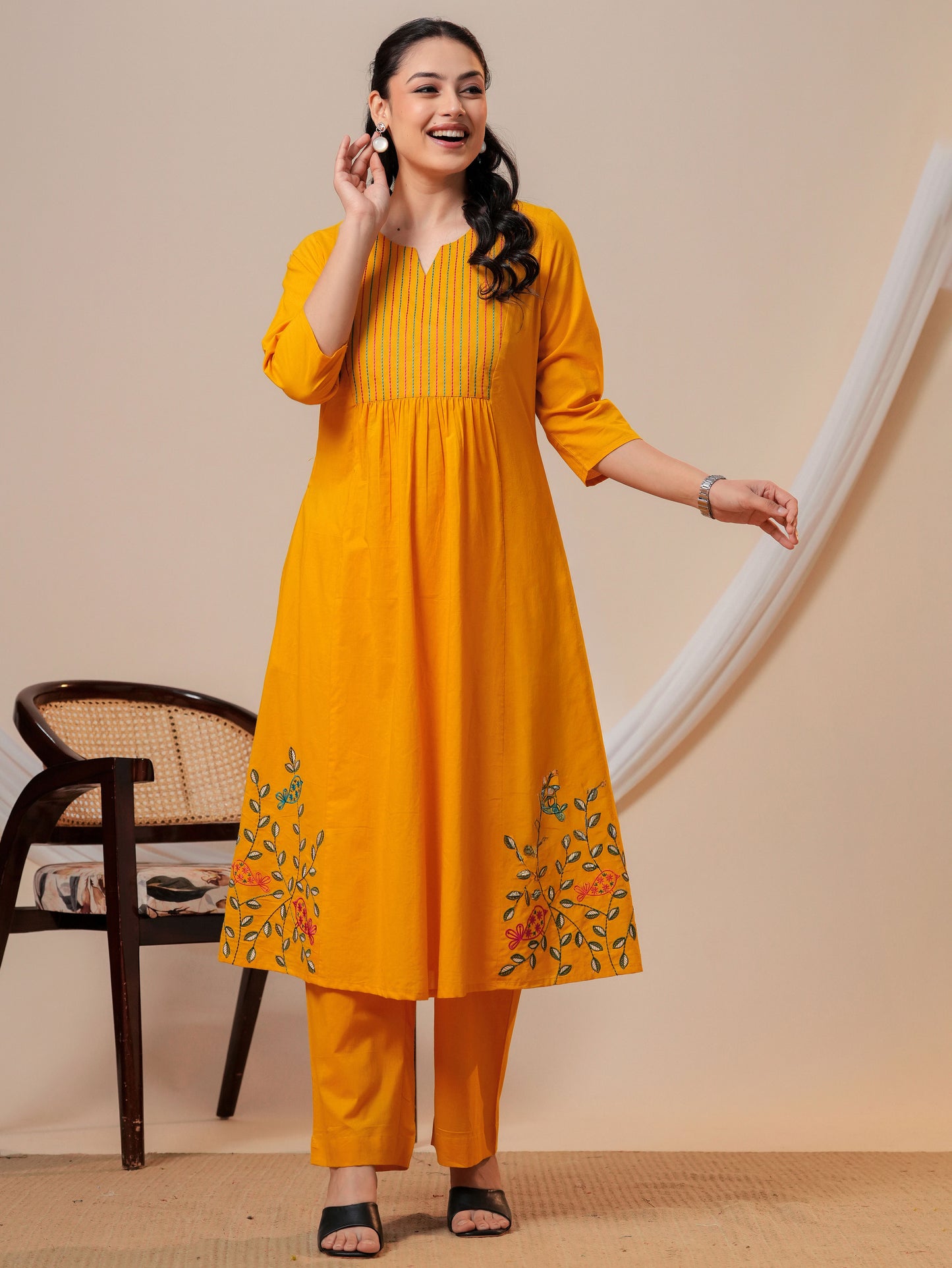 Embroidered Soft cotton Solid Flared Yellow Kurta