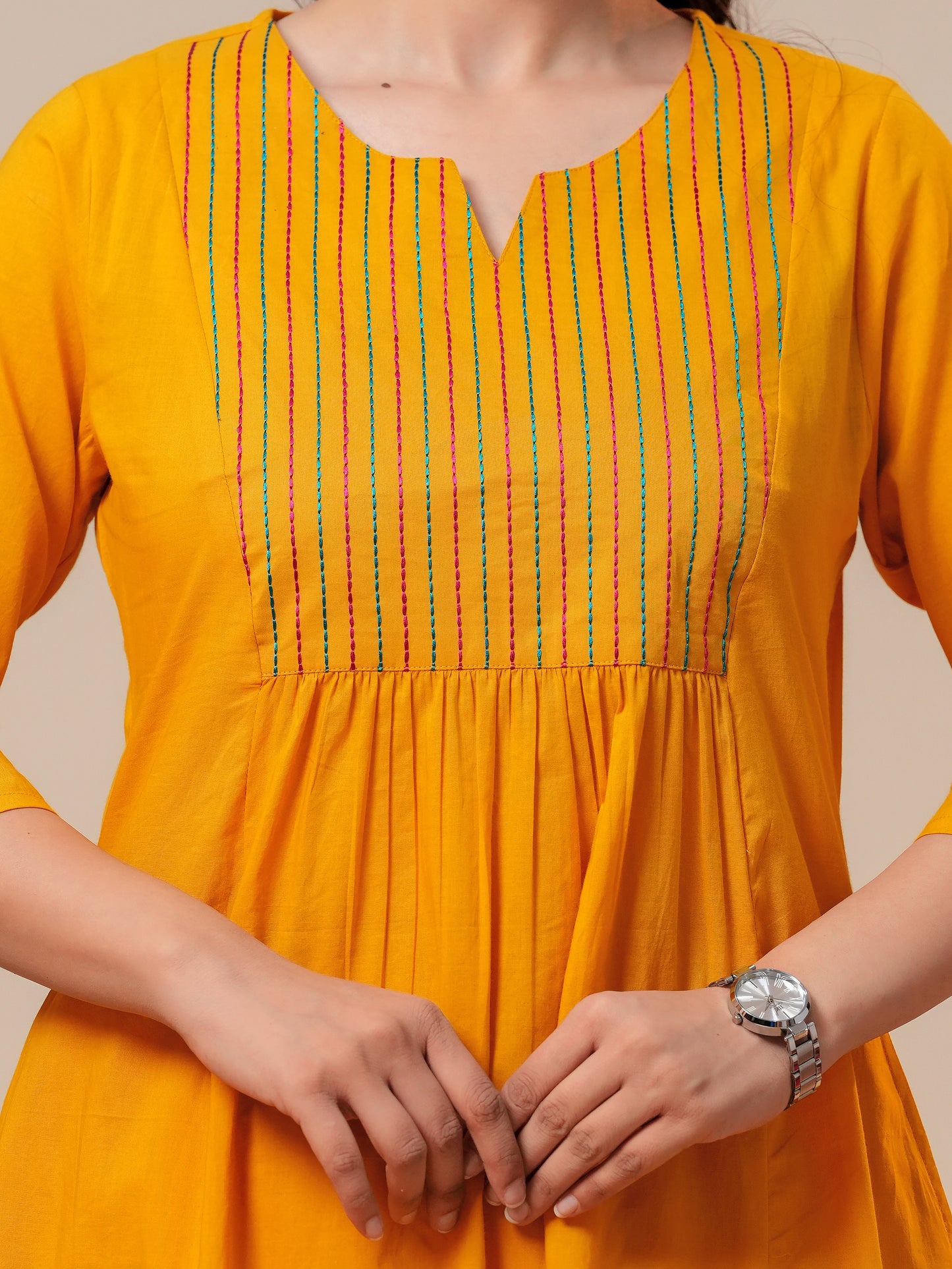 Embroidered Soft cotton Solid Flared Yellow Kurta