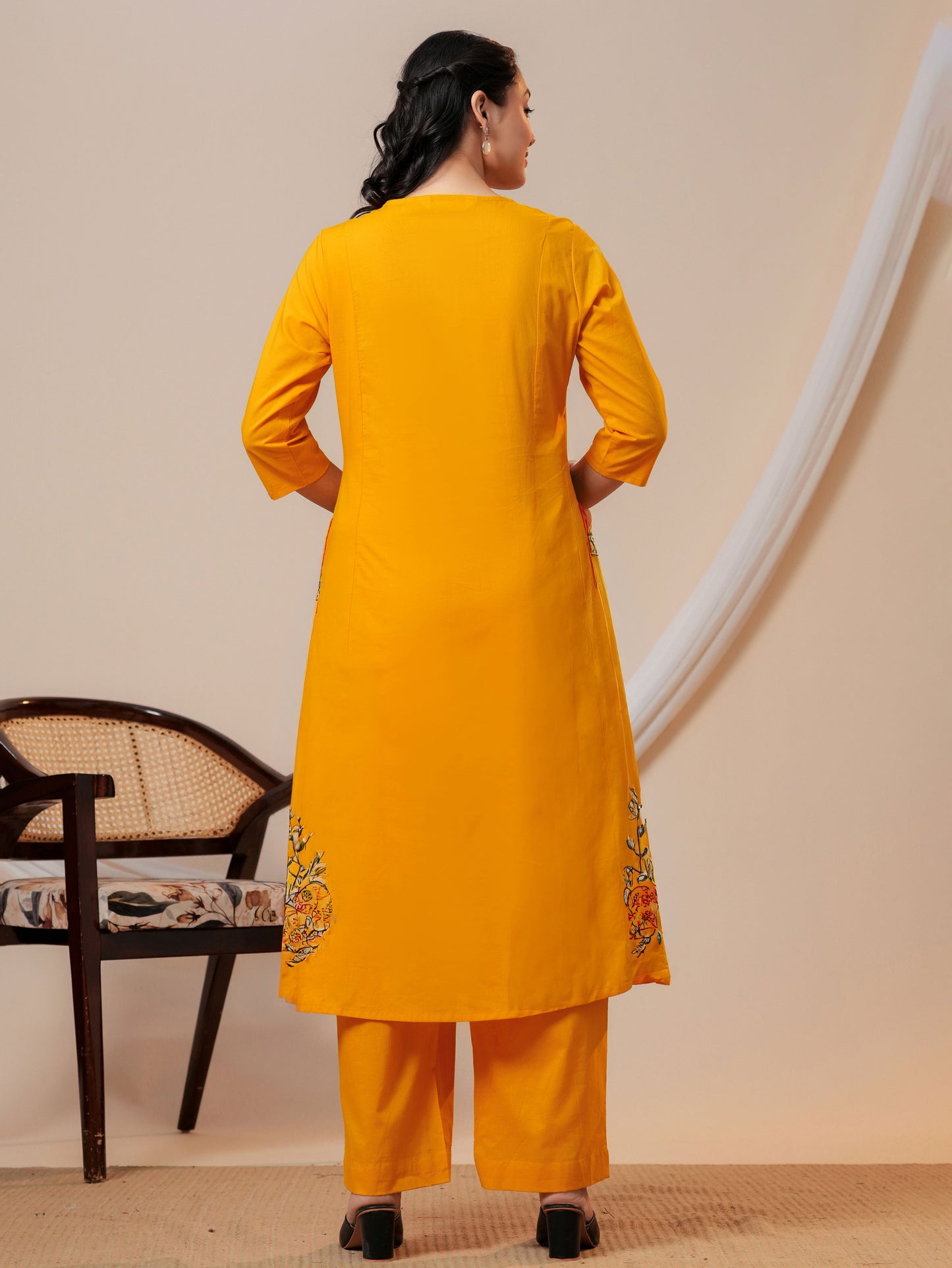 Embroidered Soft cotton Solid Flared Yellow Kurta