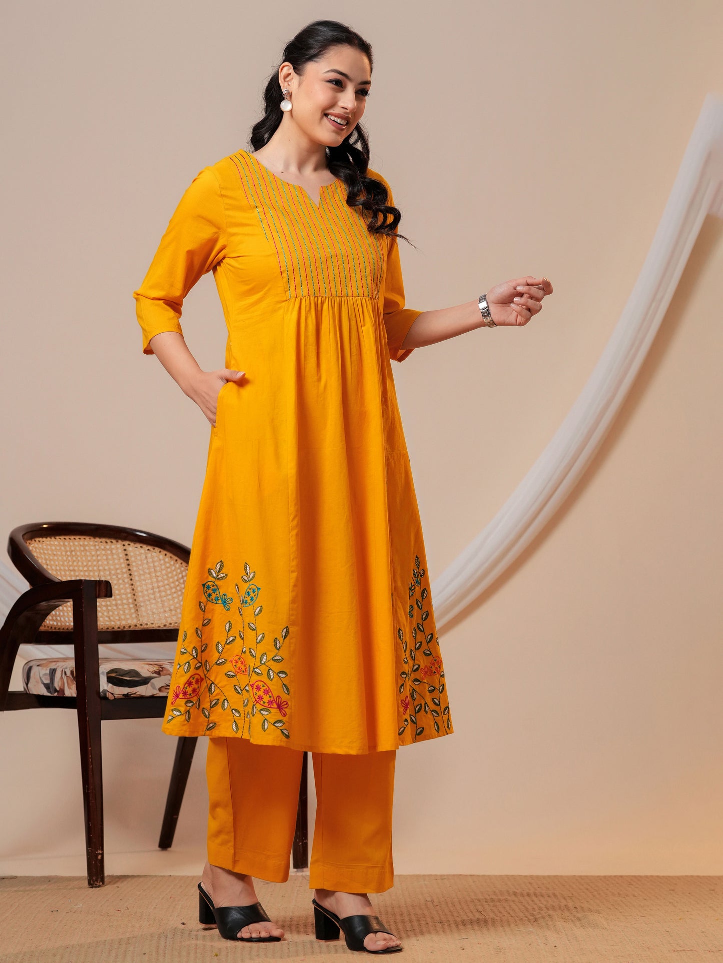 Embroidered Soft cotton Solid Flared Yellow Kurta